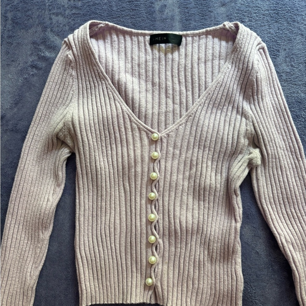SHEIN Purple Ribbed Cardigan with V-Neck